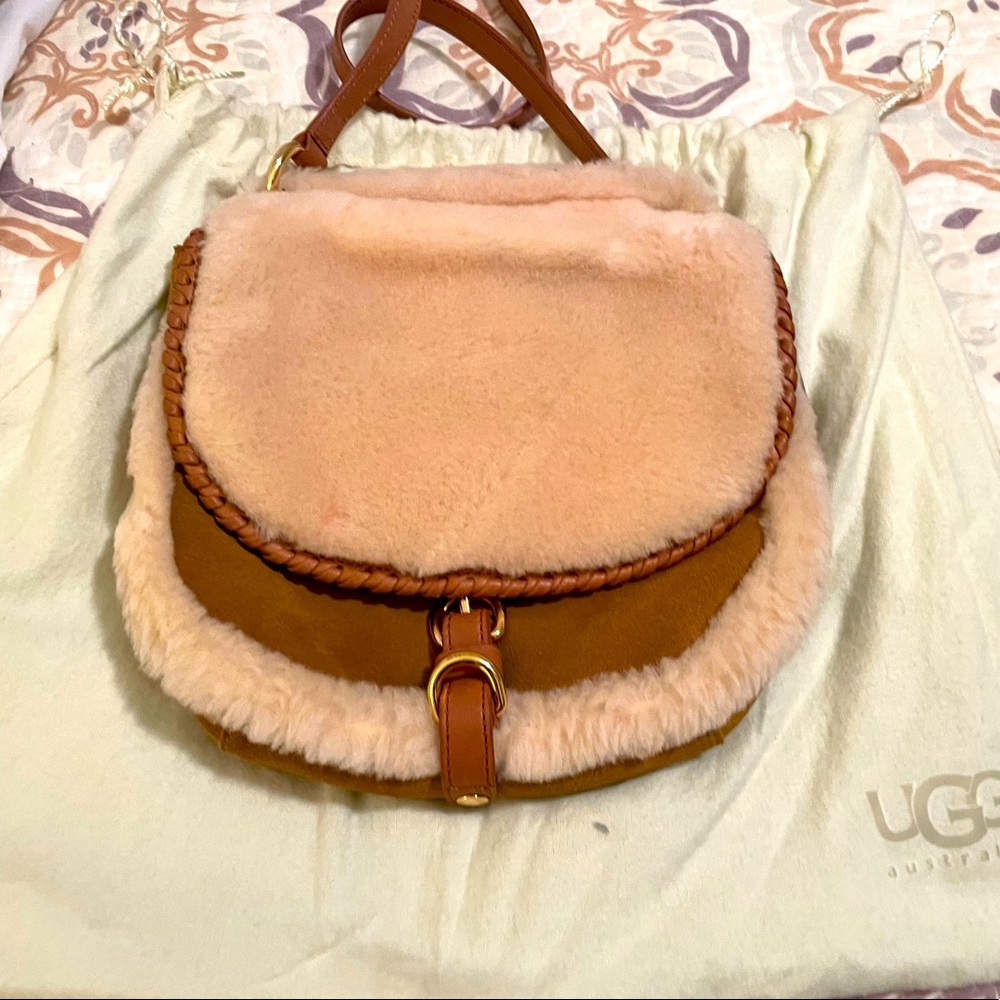 UGG Quinn Crossbody Small Chestnut Suede Trimmed In Smooth Leather Shearling EUC